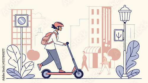 Urban Mobility: Person with Helmet and Backpack Riding Electric Scooter on City Street. Modern Flat Design Illustration of Sustainable Commute and ...