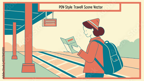 Female Traveler Consulting Map on Train Station Platform - Minimalist Flat Vector Illustration of Journey Preparation