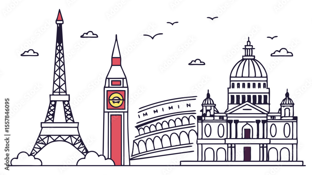 Obraz premium Minimalist Line Art Illustration of Iconic European Travel Landmarks and City Skyline with Red Accents