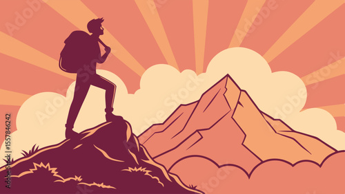 Adventurer Reaching Mountain Peak with Sunburst Sky - Silhouette Illustration of Success, Exploration, and Personal Growth