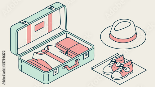 Isometric Travel Packing Illustration: Open Suitcase with Folded Clothes, Hat, and Sneakers for Vacation Preparation