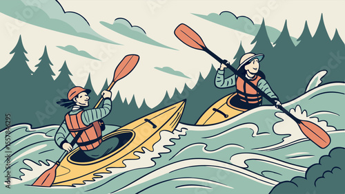 Dynamic Illustration of Two People Kayaking Through Whitewater Rapids in a Forested River, Depicting Adventure and Outdoor Sport