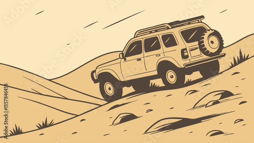 Rugged Off-Road 4x4 Vehicle Climbing Sandy Hill Illustration. Adventure SUV with Roof Rack on Desert Terrain in Monochrome Style.
