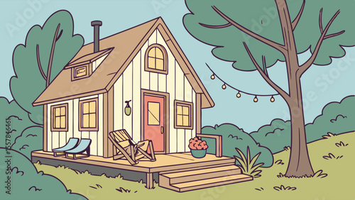 Cozy Rustic Cabin in Nature with Porch and String Lights Illustration, Idyllic Woodland Retreat Vector Art