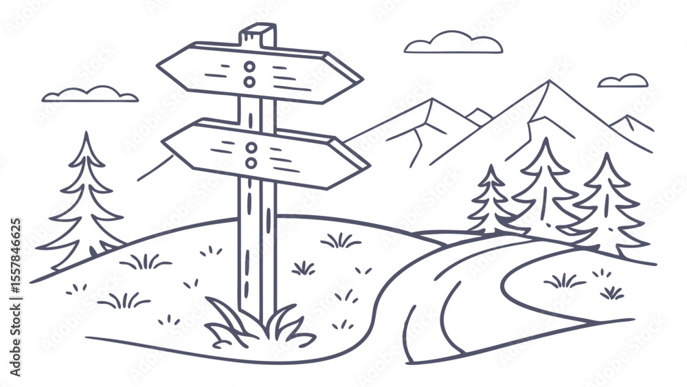 Obraz premium Line Art Illustration of a Wooden Signpost at a Mountain Crossroads with Path and Pine Trees, Outdoor Travel Concept