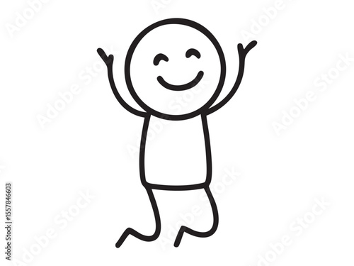 Black stick figure man smiling with raised hands on knees, cartoon character illustration, isolated on white background. Concept of joy, praise, gratitude, worship, human emotion, design element