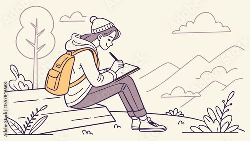 Young Woman Sketching Outdoors in Nature, Capturing Inspiration in a Serene Mountain Landscape. Creative Leisure Activity, Art, and Travel Illustra...