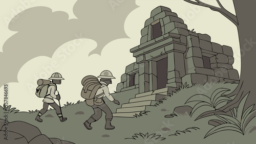 Vintage Style Illustration of Two Adventurers Discovering an Ancient Stone Temple Ruin in a Jungle Landscape, Exploring a Lost Civilization Site