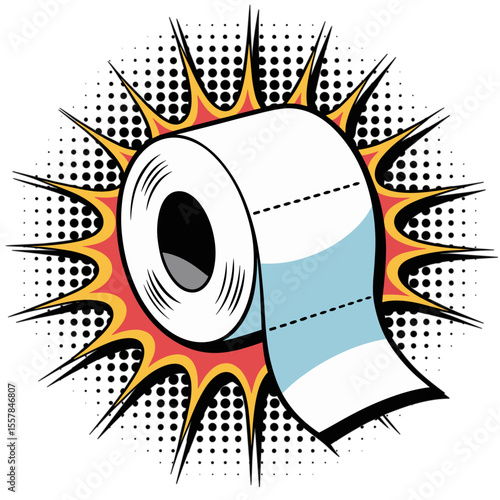 Toilet paper roll in comic pop art style with halftone burst