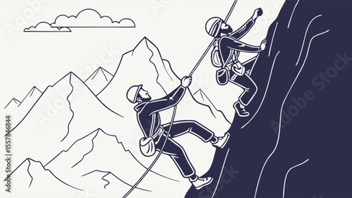 Mountain Climbers Ascending and Descending a Steep Rock Face, Demonstrating Teamwork and Adventure in a Minimalist Line Art Style
