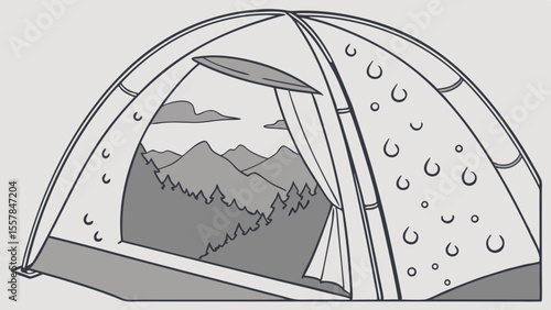 Illustrated camping tent with open flap showcasing a scenic mountain landscape and forest view