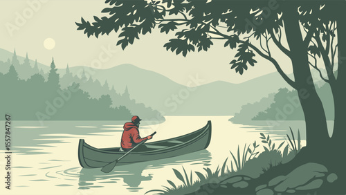 Serene Canoeing on Calm Water with Forested Mountains. Peaceful Outdoor Adventure Landscape.