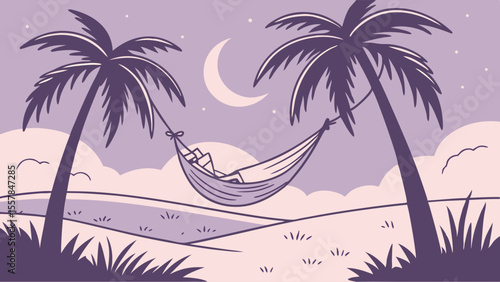Tropical Night Relaxation: Person in Hammock Between Palm Trees Under Crescent Moon - Flat Vector Illustration