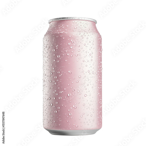 Pink soda can with water drops isolated on white background