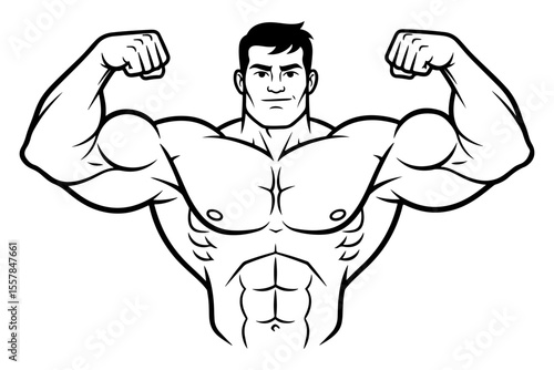 Illustration of a strong muscular man flexing both arms and showing muscles