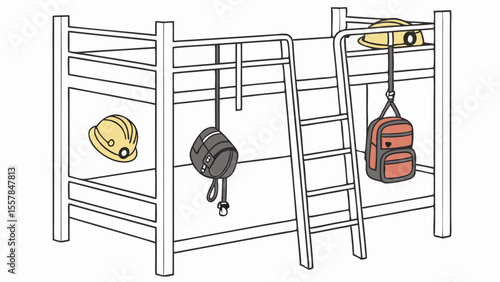 Bunk bed with safety helmets and backpacks illustration. Shared living space, dormitory, or worker accommodation concept.