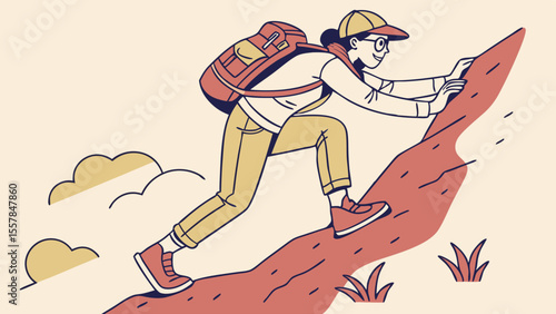 Illustration of a Hiker Climbing a Steep Mountain with Backpack, Representing Challenge and Adventure
