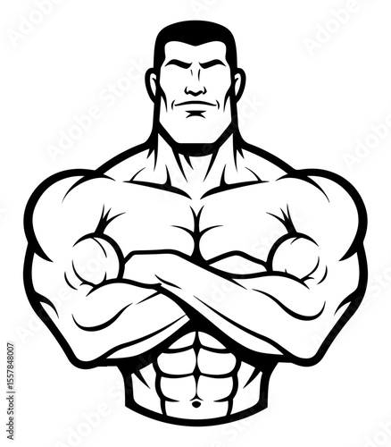 Monochrome muscular man crossing arms with a powerful and assertive presence