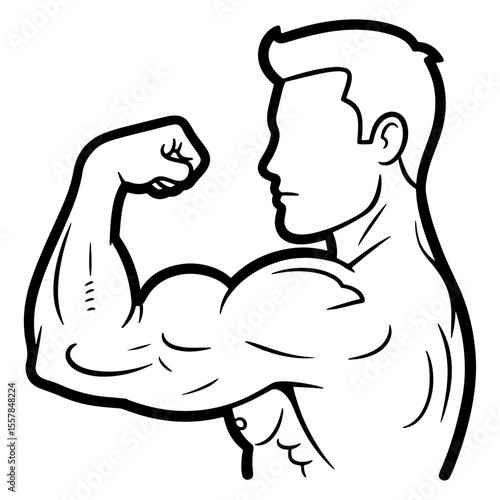 Cartoon drawing depicting a muscular man flexing his biceps in black outline