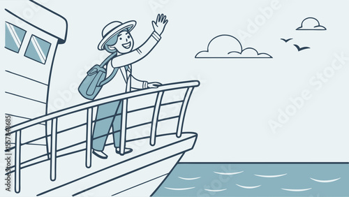 Happy Traveler Waving Goodbye from Cruise Ship Deck at Sea - Illustrated Vacation Journey