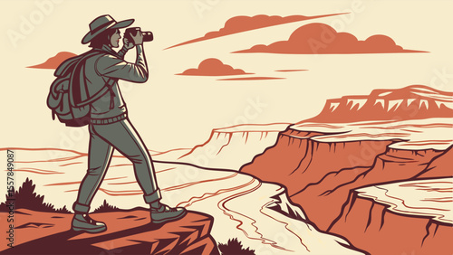 Explorer with binoculars observing a grand canyon vista, adventure travel and nature exploration illustration