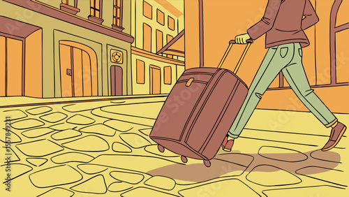 Traveler pulling suitcase on a cobblestone street in a historic city, urban journey illustration