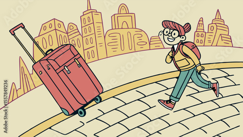 Stylized illustration of a person rushing with a suitcase in a city street, travel and adventure concept, urban journey