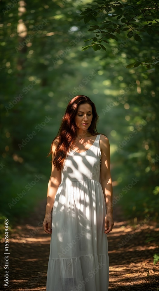 Woman in White Dress Walking Through Sun-Dappled Forest Path Woman in White Dress Walking Through Sun-Dappled Forest Path