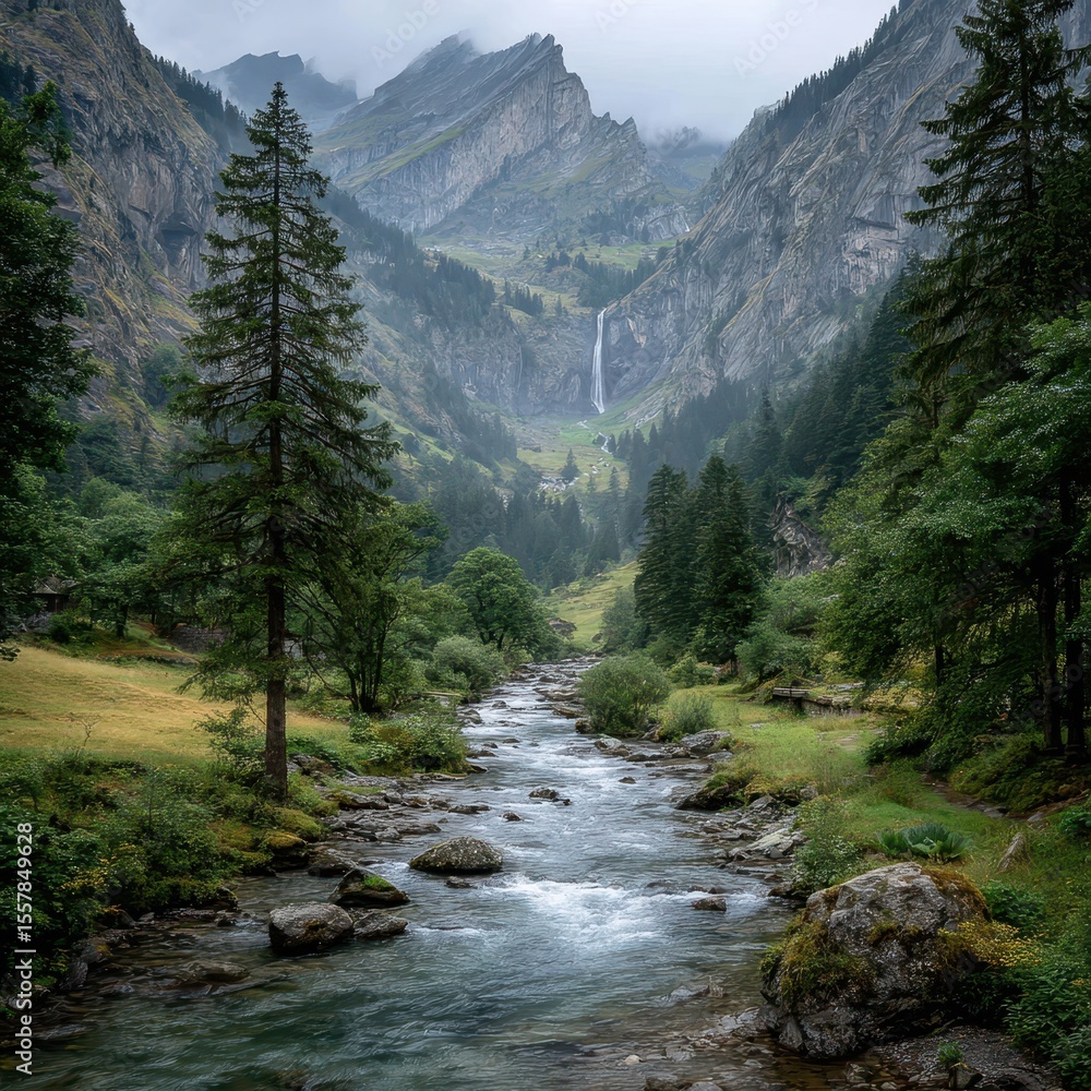 Obraz premium Majestic mountain valley, flowing river, waterfall, and lush trees