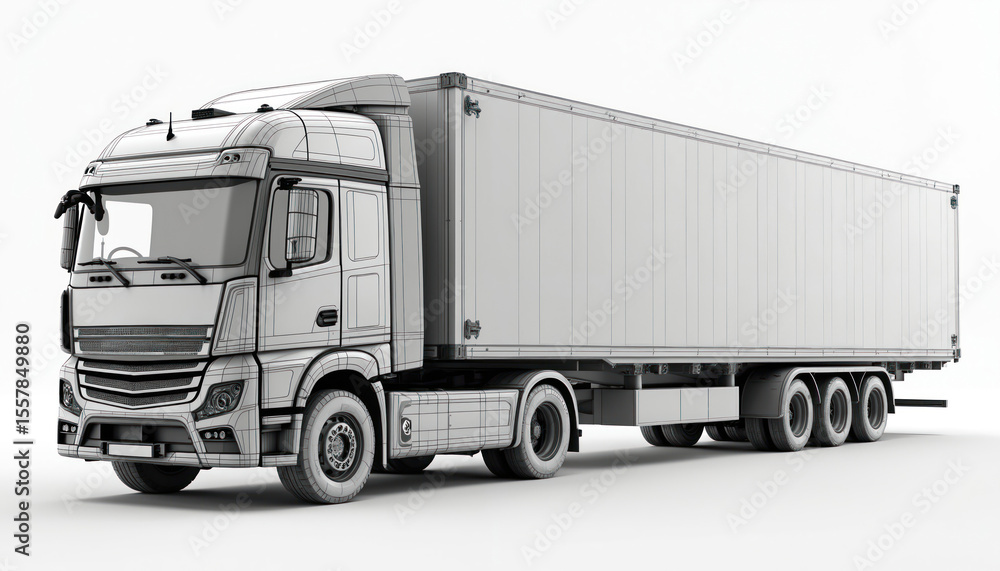 European truck with cargo trailer wireframe model. Commercial vehicle for freight transportation, delivery, logistics, shipping. Haulage industry. White background studio shot for business. European truck with cargo trailer wireframe model. Commercial vehicle for freight transportation, delivery, logistics, shipping. Haulage industry. White background studio shot for business.