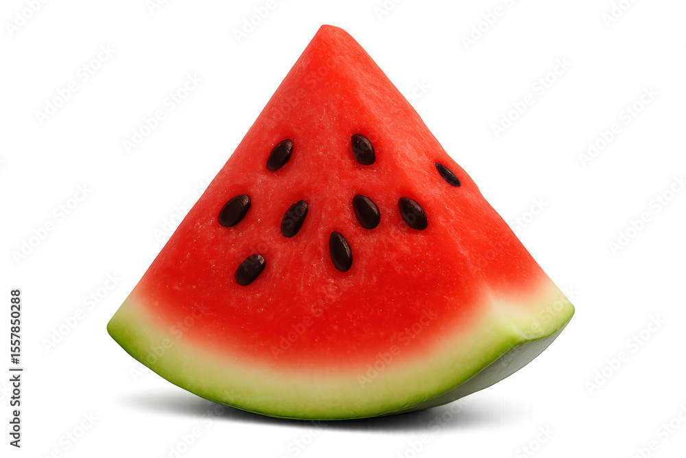 Juicy red watermelon wedge revealing black seeds, vibrant summer produce against transparent surface Juicy red watermelon wedge revealing black seeds, vibrant summer produce against transparent surface