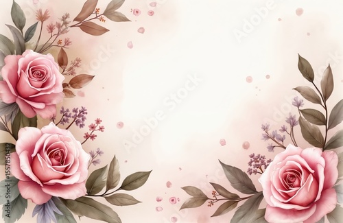 Wallpaper Mural Watercolor rose corner border illustration. Blush pink florals with leaves, petals arranged. Delicate design for wedding invitations, greeting cards. Artistic illustration for graphic design, print, Torontodigital.ca