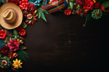 Colorful arrangement of mexican crafts and flowers framing a dark wooden background, celebrating traditions and culture