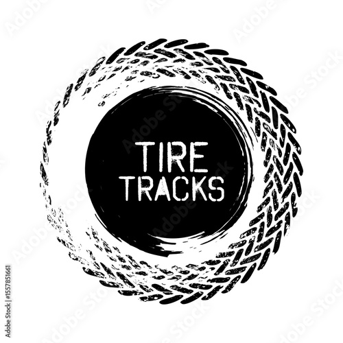 Grunge circle tire track, wheel braking mark. Truck, car or motorcycle tread pattern silhouettes. Auto race, motorsport, speed racing design element. Vector illustration