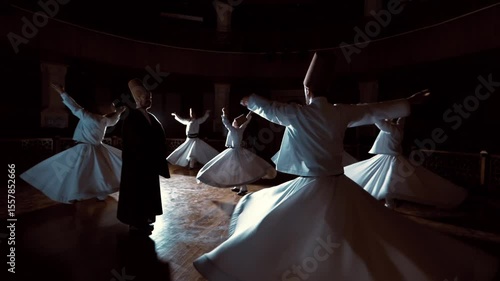 Whirling Semazens Performing Sufi Ritual Dance Around Spiritual Guide in Mevlevi Lodge