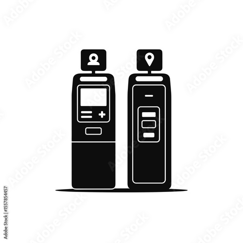 ATM and information kiosk icons near passport control area Concept of Currency & Financial Services  