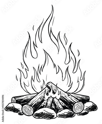Campfire Sketch Illustration of Burning Logs and Rocks, Black and White Flames Art