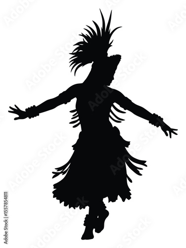 Silhouette of Tahitian Dancer with Headdress and Traditional Costume Performing Elegant Dance