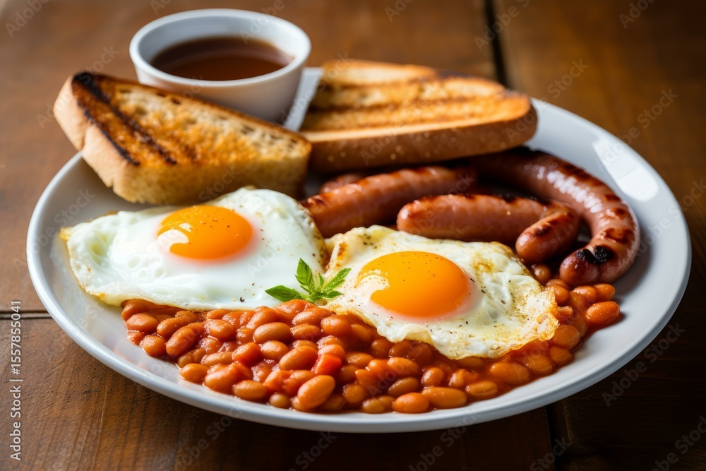 Delicious full english breakfast with fried eggs, sausages, baked beans, toast and coffee served on wooden table Delicious full english breakfast with fried eggs, sausages, baked beans, toast and coffee served on wooden table