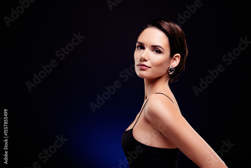 Photo portrait of attractive young woman profile shopping model wear dress isolated on black color background