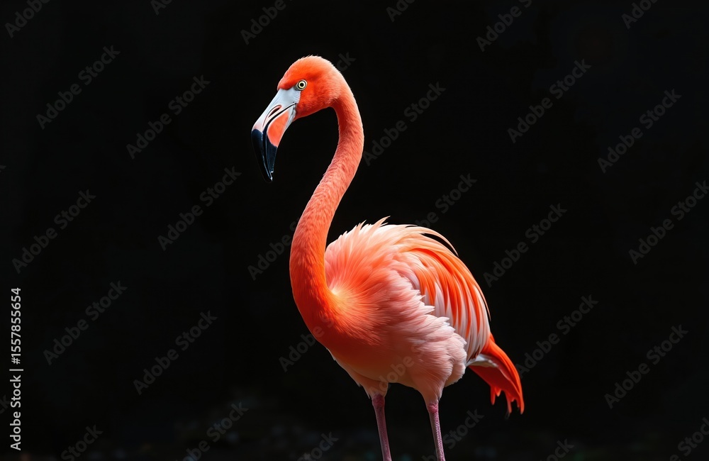 American flamingo stands on black background. Pink feathers, long neck, red beak, elegant posture. Exotic wildlife bird, vibrant colors. Tropical fauna, zoo, nature scene. American flamingo stands on black background. Pink feathers, long neck, red beak, elegant posture. Exotic wildlife bird, vibrant colors. Tropical fauna, zoo, nature scene.