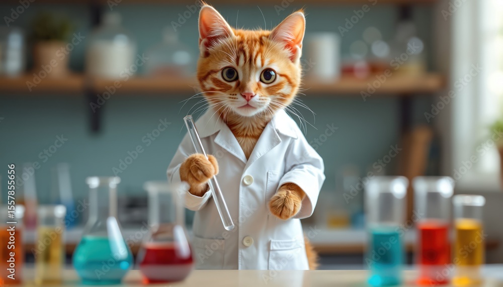 Cute cat student in lab coat holding test tube. Ginger tabby ready for science experiment in laboratory. Cartoonish adorable character, scientist doing research, biology study. Cute cat student in lab coat holding test tube. Ginger tabby ready for science experiment in laboratory. Cartoonish adorable character, scientist doing research, biology study.