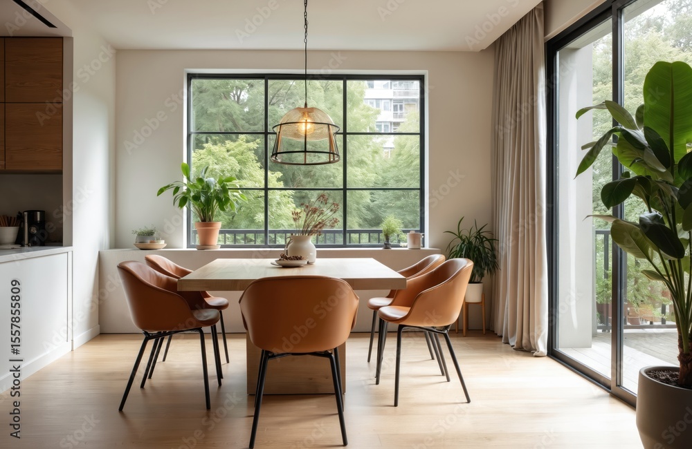 Fototapeta premium Modern dining room interior with light wood table, stylish orange chairs, large windows. Bright home interior decor with green plants, contemporary design, luxury home, apartment decor. Residential