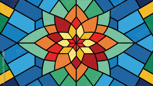 Vibrant floral mosaic stained glass pattern with abstract geometric design elements