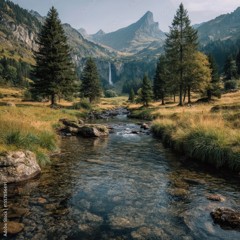 Obraz premium Scenic mountain landscape featuring a stream, waterfall, and trees
