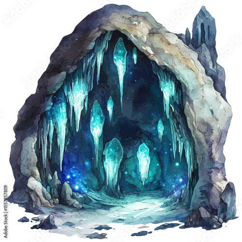 Glowing Caves E.g. Bioluminescent Organisms, watercolor vector, isolated on a white background.