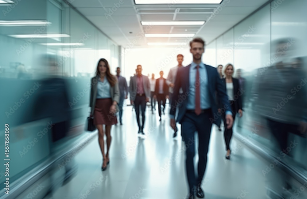 Fototapeta premium Dynamic office scenes in motion blur. Businesspeople walk fast in modern office corridor. Conveying energy productivity. Men, women in formal attire. Corporate lifestyle, busy workplace.