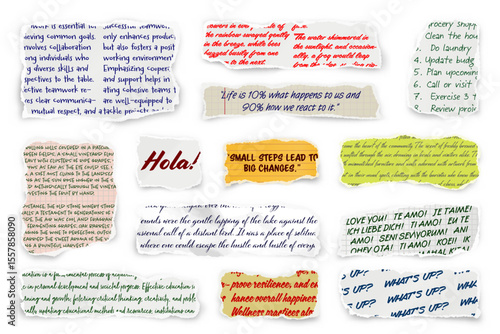 Ripped paper strips with handwritten text. Realistic crumpled paper scraps with torn edges. Shreds of notebook, book or old newspaper pages. Trendy collage elements. Vector illustration
