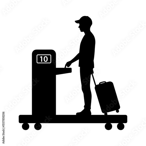 Silhouette of man weighing luggage at airport check-in counter  