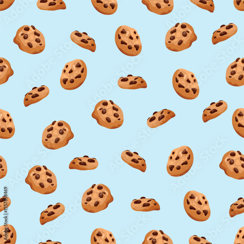 Chocolate chip cookies seamless pattern. Flat vector clipart, illustration with isolated background.